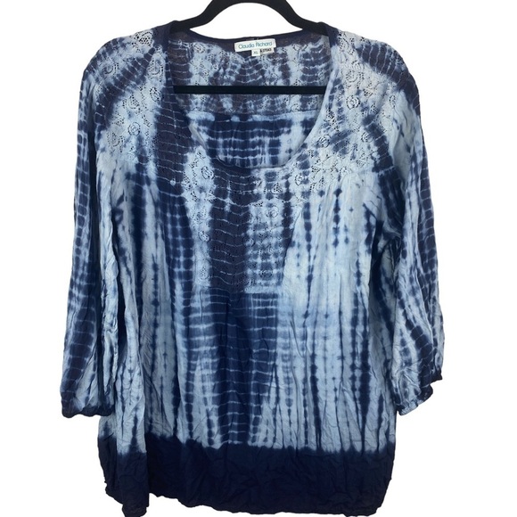CLAUDIA Richard Tie Dye Boho Floral Lace Blouse XL Blue - Picture 1 of 11